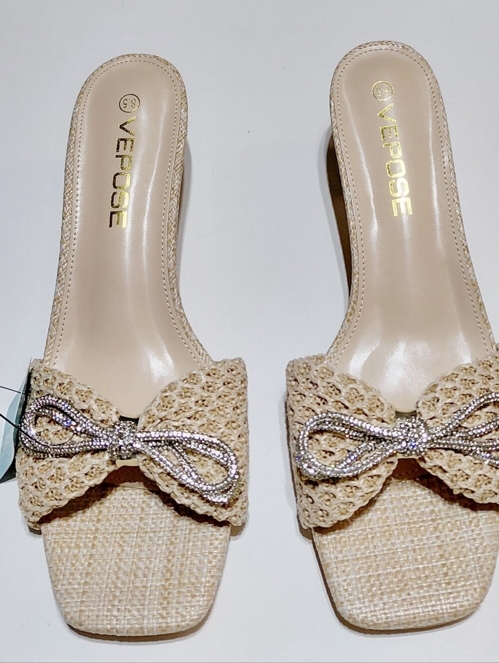 VEPOSE Women's Nude Woven Square Toe  Heeled Sandals Size 8.5